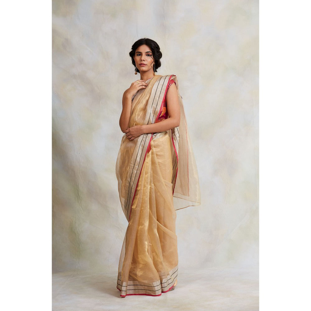 PRIYANKA RAAJIV Harsingar Gold Tissue Chanderi Saree with Unstitched Blouse