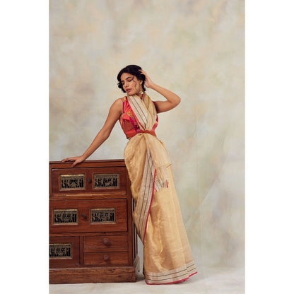 PRIYANKA RAAJIV Harsingar Gold Tissue Chanderi Saree with Unstitched Blouse