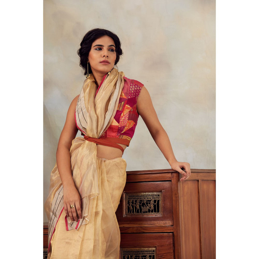 PRIYANKA RAAJIV Harsingar Gold Tissue Chanderi Saree with Unstitched Blouse