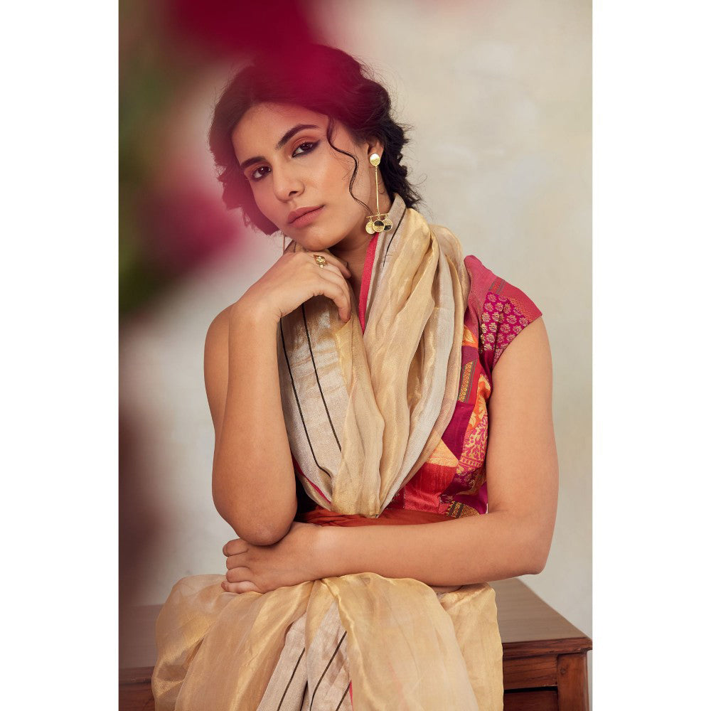 PRIYANKA RAAJIV Harsingar Gold Tissue Chanderi Saree with Unstitched Blouse