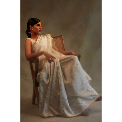 PRIYANKA RAAJIV Akasa Off White Chanderi Silk Saree with Unstitched Blouse