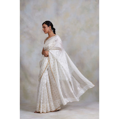 PRIYANKA RAAJIV Akasa Off White Chanderi Silk Saree with Unstitched Blouse