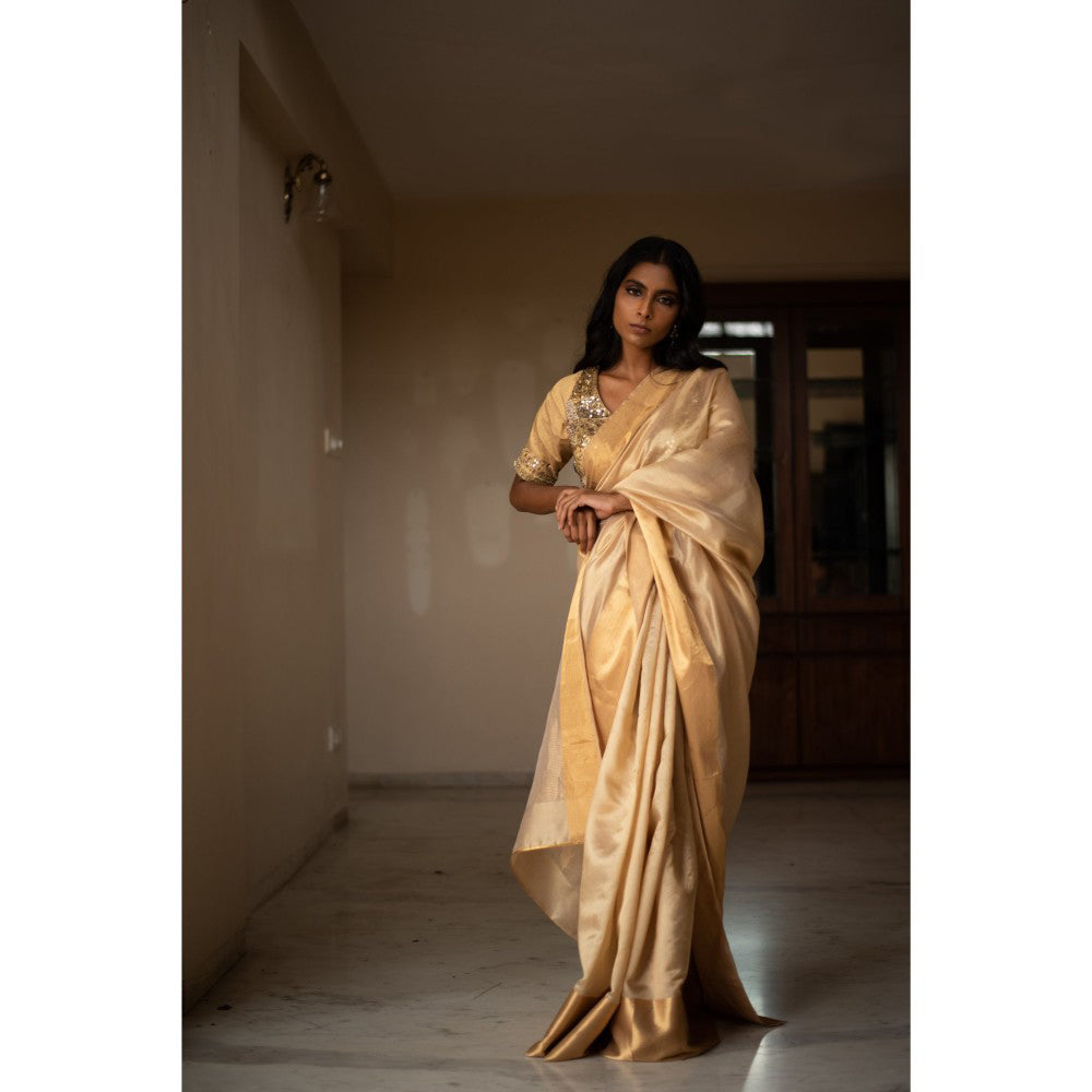 PRIYANKA RAAJIV Lopa Beige Silk Chanderi Saree with Unstitched Blouse