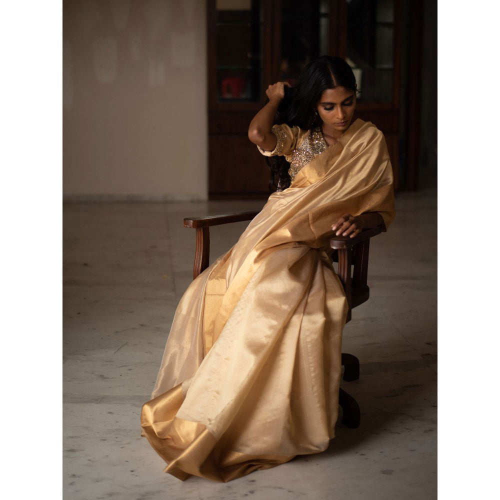 PRIYANKA RAAJIV Lopa Beige Silk Chanderi Saree with Unstitched Blouse