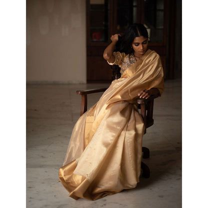 PRIYANKA RAAJIV Lopa Beige Silk Chanderi Saree with Unstitched Blouse