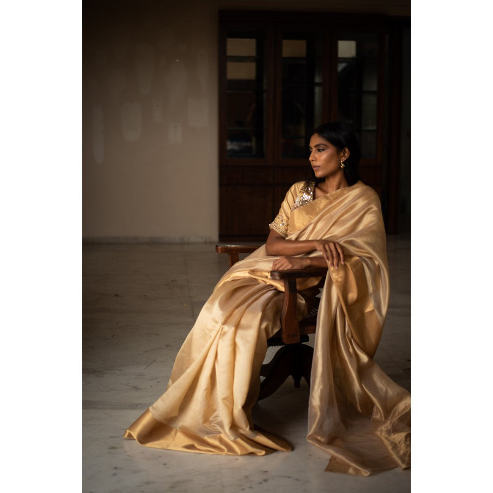 PRIYANKA RAAJIV Lopa Beige Silk Chanderi Saree with Unstitched Blouse