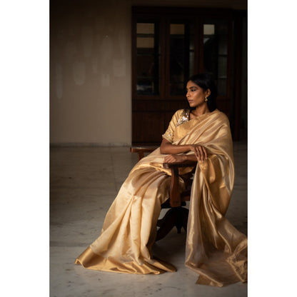 PRIYANKA RAAJIV Lopa Beige Silk Chanderi Saree with Unstitched Blouse