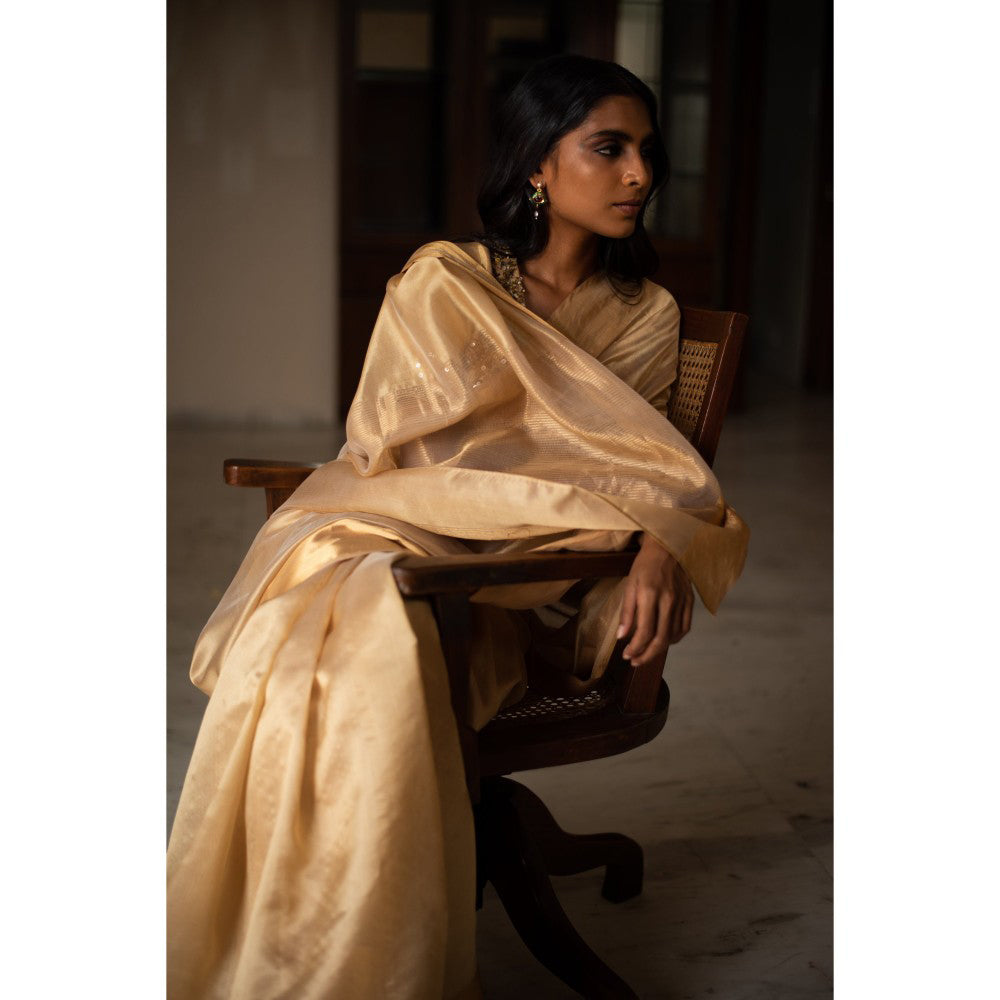 PRIYANKA RAAJIV Lopa Beige Silk Chanderi Saree with Unstitched Blouse