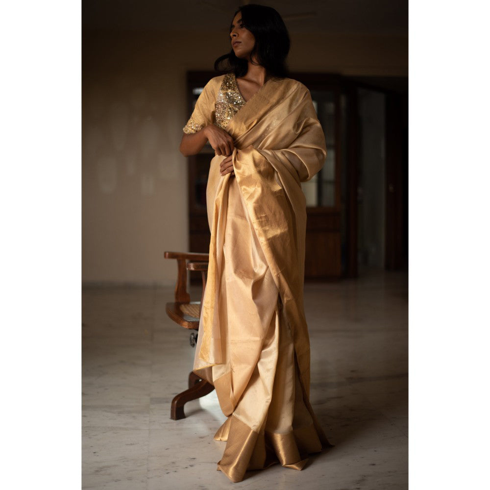 PRIYANKA RAAJIV Lopa Beige Silk Chanderi Saree with Unstitched Blouse
