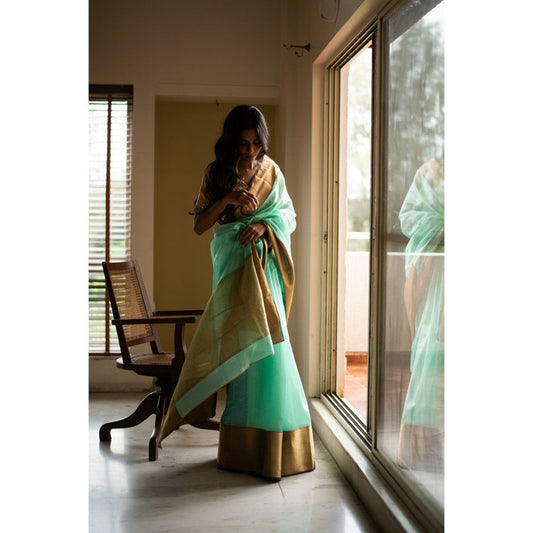 PRIYANKA RAAJIV Lopa Aquamarine Silk Chanderi Saree with Unstitched Blouse