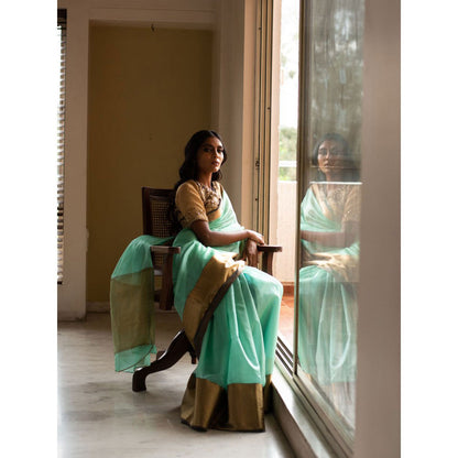 PRIYANKA RAAJIV Lopa Aquamarine Silk Chanderi Saree with Unstitched Blouse