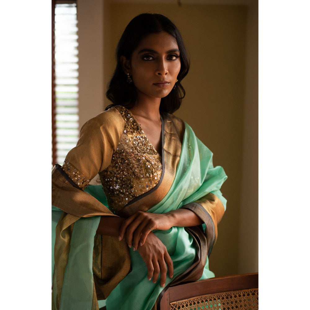 PRIYANKA RAAJIV Lopa Aquamarine Silk Chanderi Saree with Unstitched Blouse