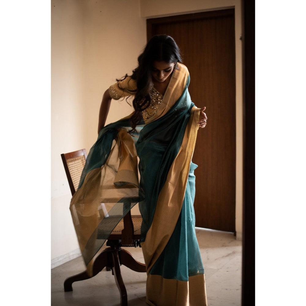 PRIYANKA RAAJIV Lopa Teal Silk Chanderi Saree with Unstitched Blouse