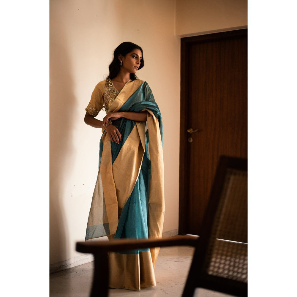 PRIYANKA RAAJIV Lopa Teal Silk Chanderi Saree with Unstitched Blouse