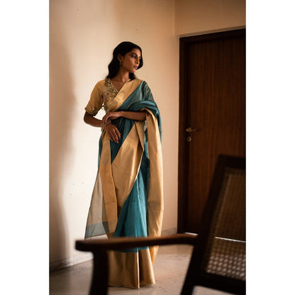 PRIYANKA RAAJIV Lopa Teal Silk Chanderi Saree with Unstitched Blouse