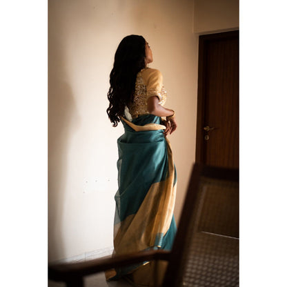 PRIYANKA RAAJIV Lopa Teal Silk Chanderi Saree with Unstitched Blouse