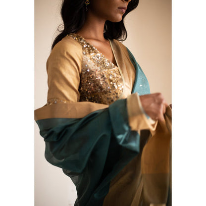 PRIYANKA RAAJIV Lopa Teal Silk Chanderi Saree with Unstitched Blouse