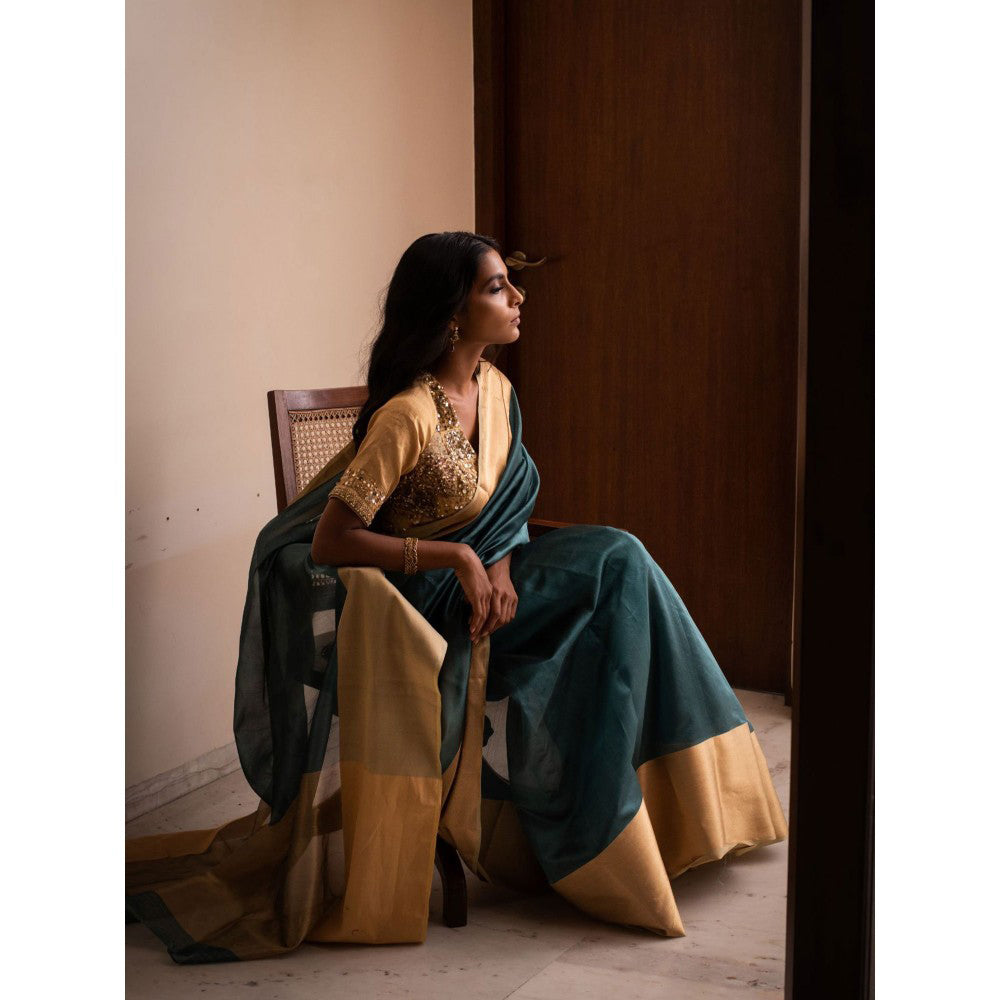 PRIYANKA RAAJIV Lopa Teal Silk Chanderi Saree with Unstitched Blouse