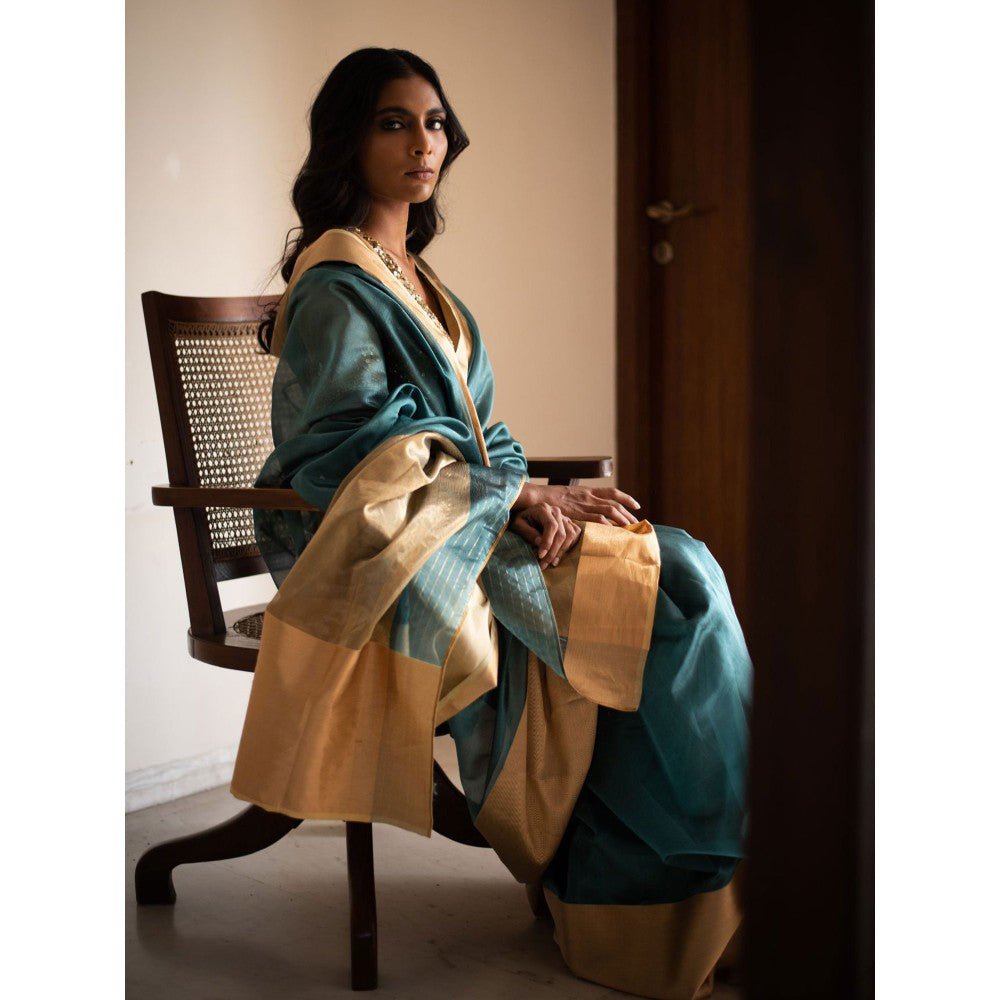 PRIYANKA RAAJIV Lopa Teal Silk Chanderi Saree with Unstitched Blouse