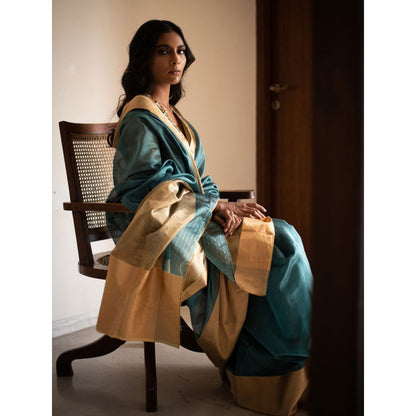 PRIYANKA RAAJIV Lopa Teal Silk Chanderi Saree with Unstitched Blouse