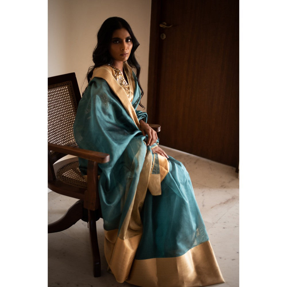 PRIYANKA RAAJIV Lopa Teal Silk Chanderi Saree with Unstitched Blouse