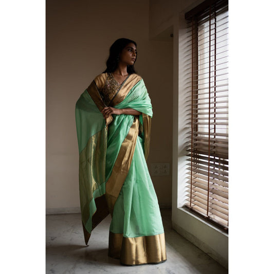 PRIYANKA RAAJIV Lopa Sea Green Silk Chanderi Saree with Unstitched Blouse