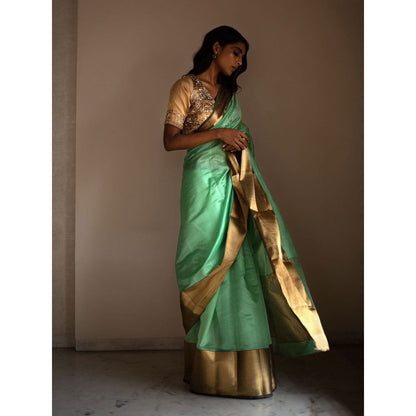 PRIYANKA RAAJIV Lopa Sea Green Silk Chanderi Saree with Unstitched Blouse
