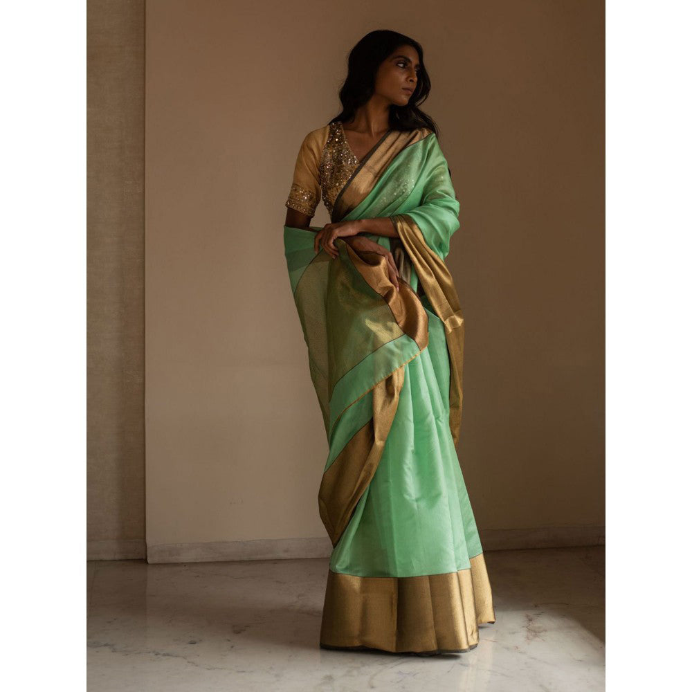 PRIYANKA RAAJIV Lopa Sea Green Silk Chanderi Saree with Unstitched Blouse