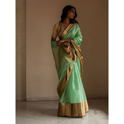 PRIYANKA RAAJIV Lopa Sea Green Silk Chanderi Saree with Unstitched Blouse