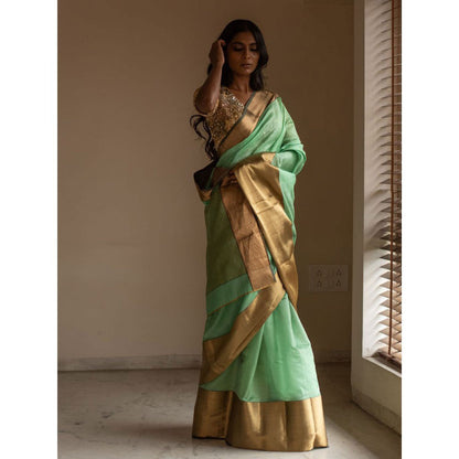 PRIYANKA RAAJIV Lopa Sea Green Silk Chanderi Saree with Unstitched Blouse