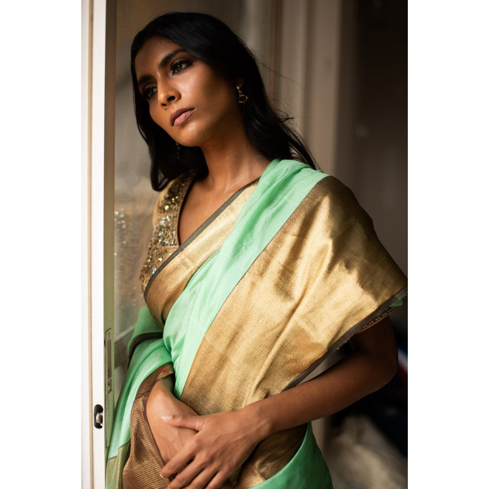 PRIYANKA RAAJIV Lopa Sea Green Silk Chanderi Saree with Unstitched Blouse