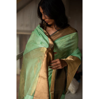 PRIYANKA RAAJIV Lopa Sea Green Silk Chanderi Saree with Unstitched Blouse
