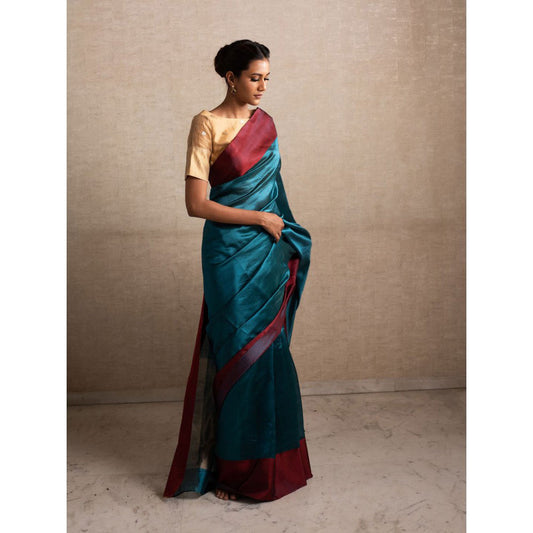 PRIYANKA RAAJIV Kaiya Teal Silk Chanderi Saree with Unstitched Blouse