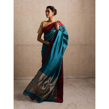 PRIYANKA RAAJIV Kaiya Teal Silk Chanderi Saree with Unstitched Blouse
