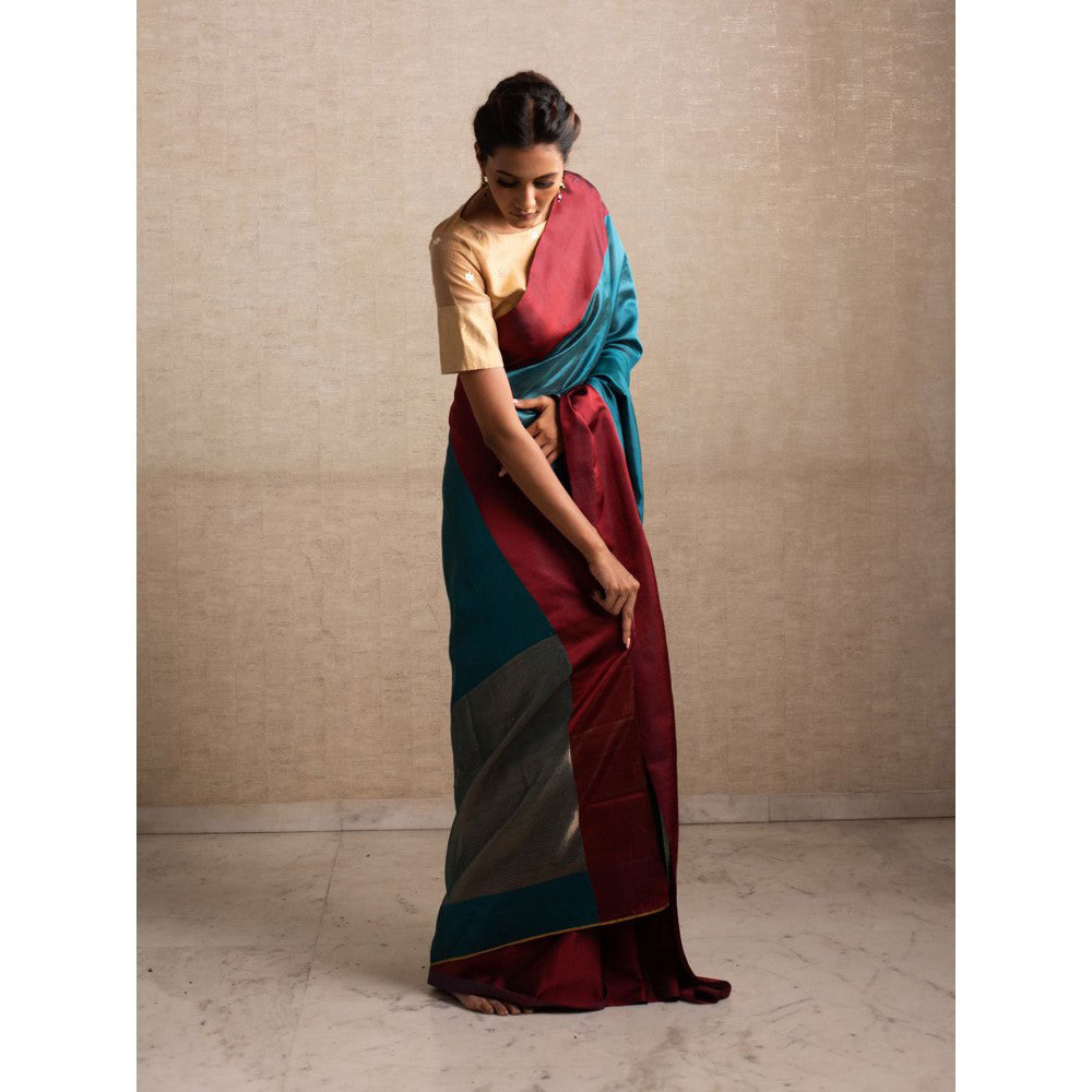 PRIYANKA RAAJIV Kaiya Teal Silk Chanderi Saree with Unstitched Blouse