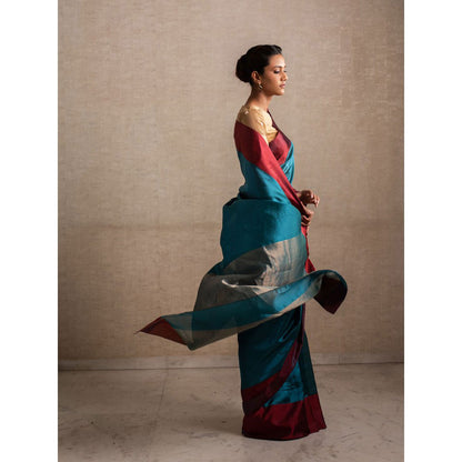 PRIYANKA RAAJIV Kaiya Teal Silk Chanderi Saree with Unstitched Blouse