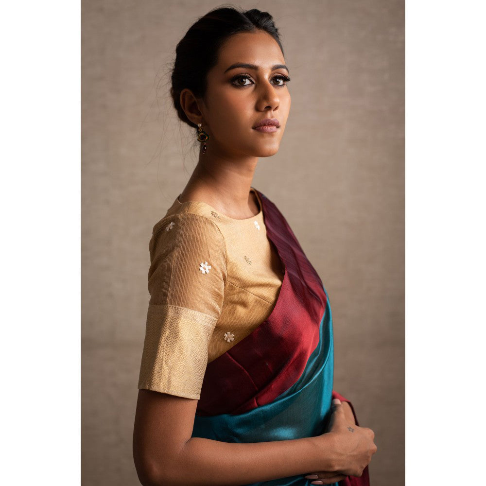PRIYANKA RAAJIV Kaiya Teal Silk Chanderi Saree with Unstitched Blouse