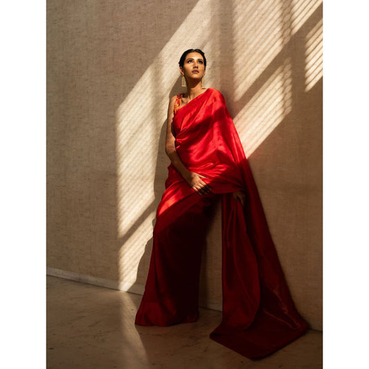 PRIYANKA RAAJIV Kaiya Red Silk Chanderi Saree with Unstitched Blouse
