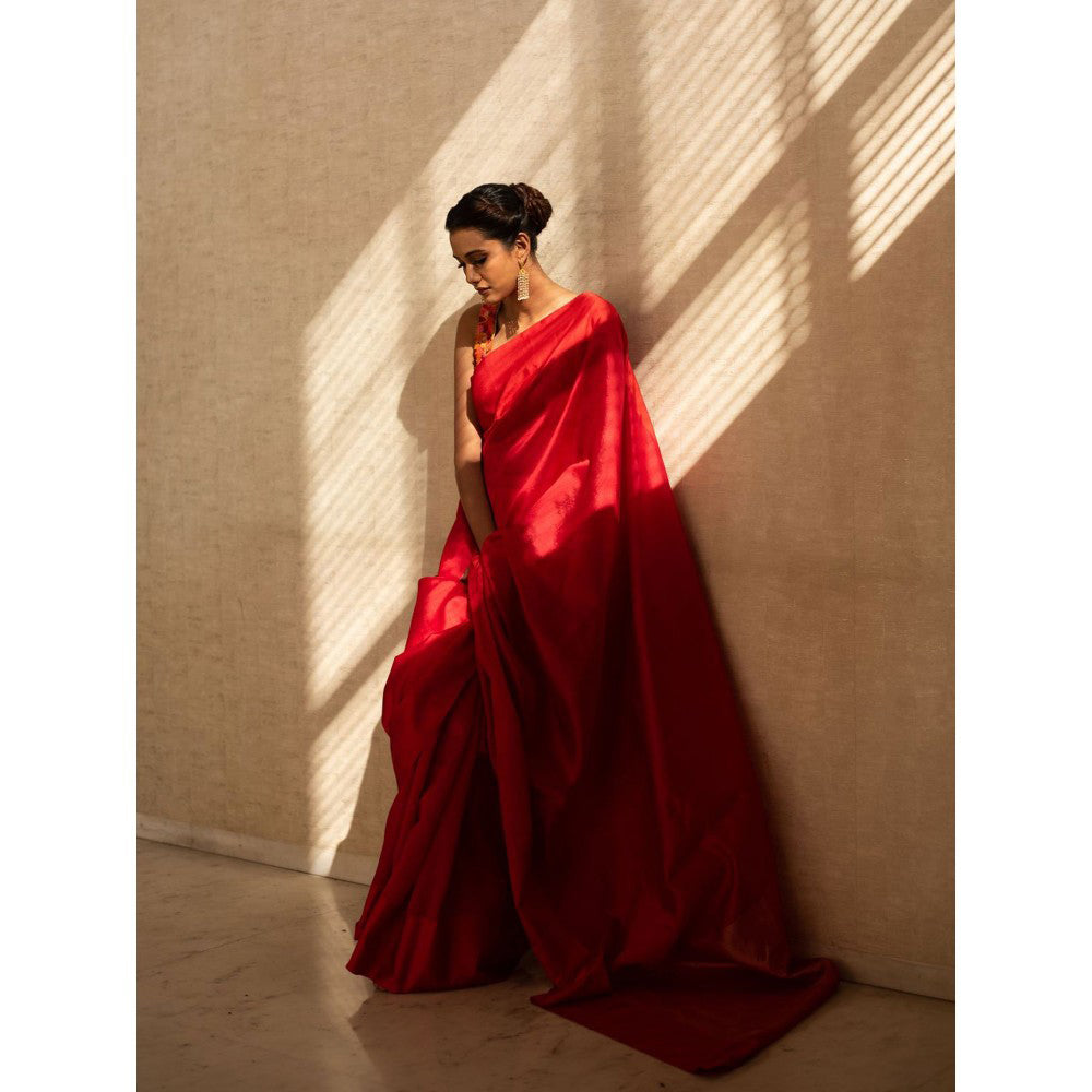 PRIYANKA RAAJIV Kaiya Red Silk Chanderi Saree with Unstitched Blouse