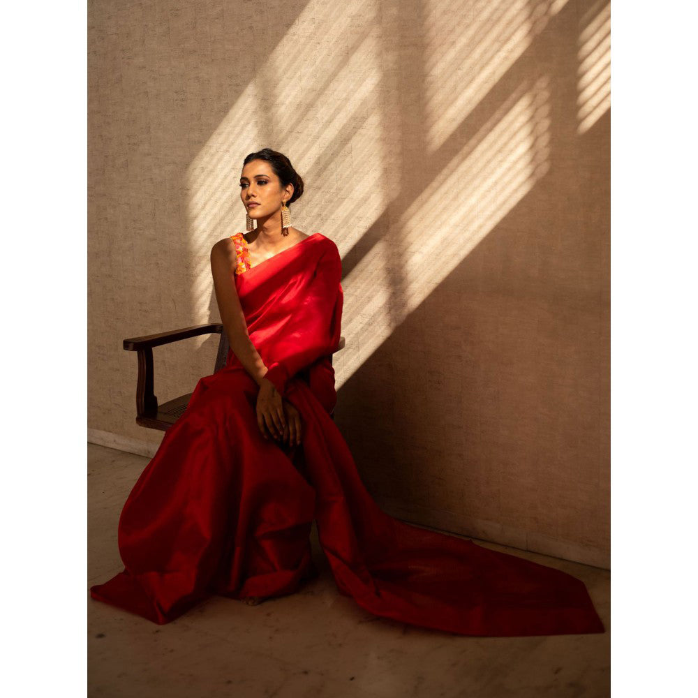 PRIYANKA RAAJIV Kaiya Red Silk Chanderi Saree with Unstitched Blouse
