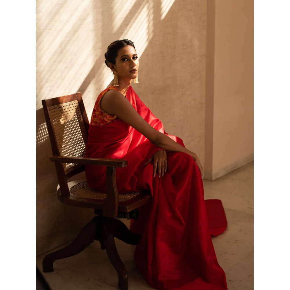 PRIYANKA RAAJIV Kaiya Red Silk Chanderi Saree with Unstitched Blouse