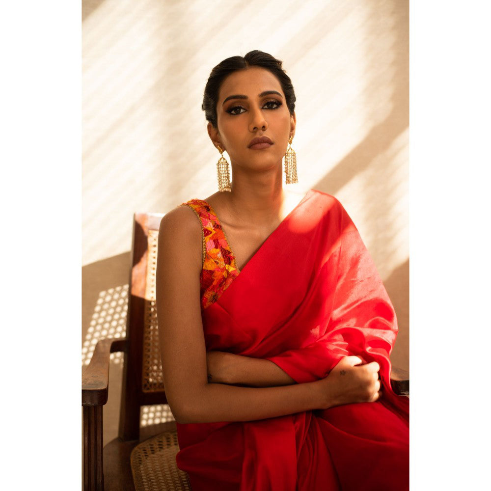 PRIYANKA RAAJIV Kaiya Red Silk Chanderi Saree with Unstitched Blouse