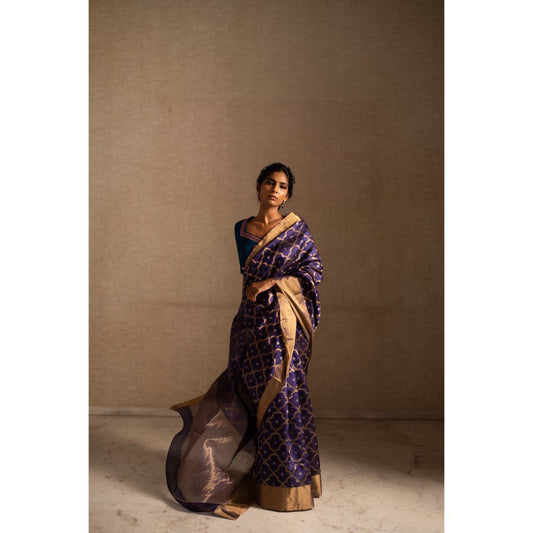 PRIYANKA RAAJIV Enya Purple Mughal Jaal Silk Chanderi Saree with Unstitched Blouse