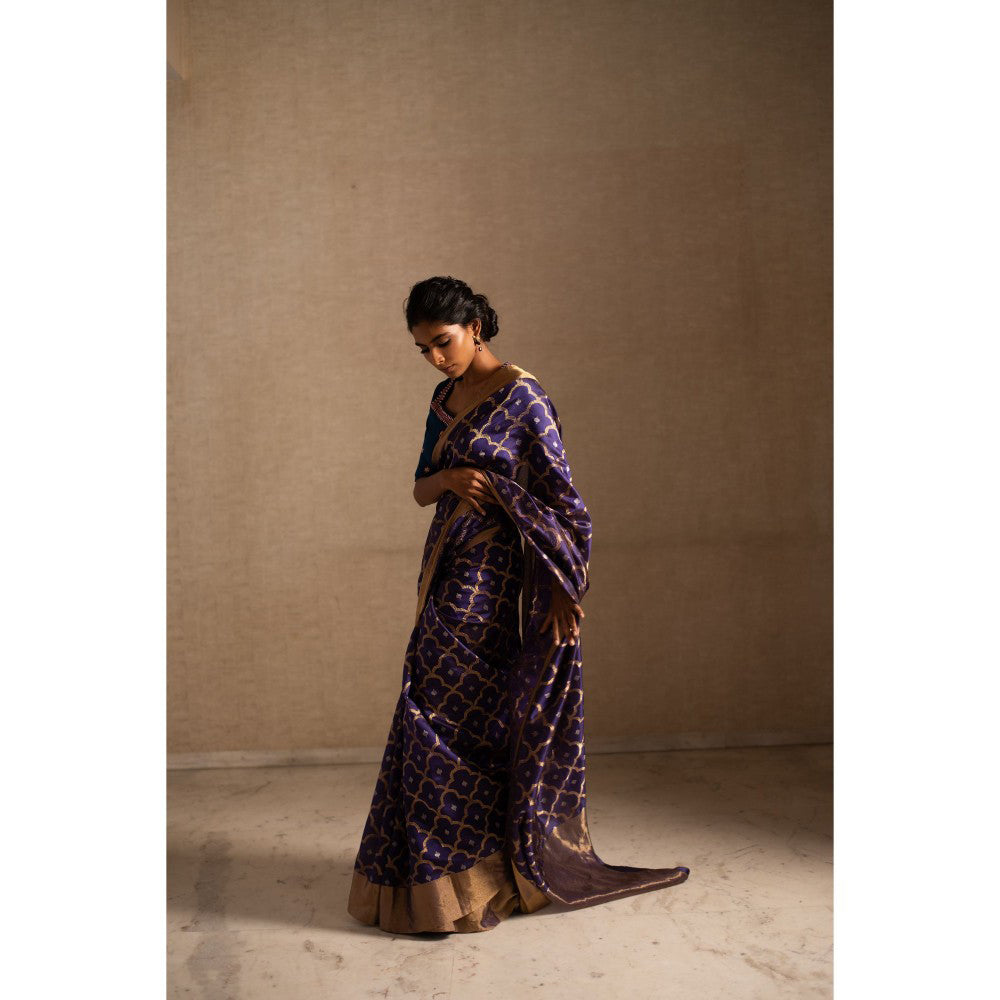 PRIYANKA RAAJIV Enya Purple Mughal Jaal Silk Chanderi Saree with Unstitched Blouse