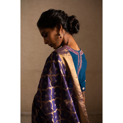 PRIYANKA RAAJIV Enya Purple Mughal Jaal Silk Chanderi Saree with Unstitched Blouse