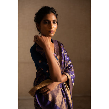 PRIYANKA RAAJIV Enya Purple Mughal Jaal Silk Chanderi Saree with Unstitched Blouse