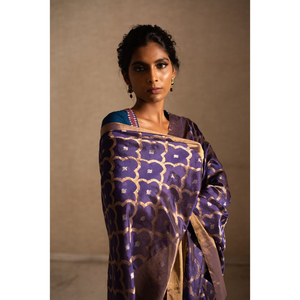 PRIYANKA RAAJIV Enya Purple Mughal Jaal Silk Chanderi Saree with Unstitched Blouse