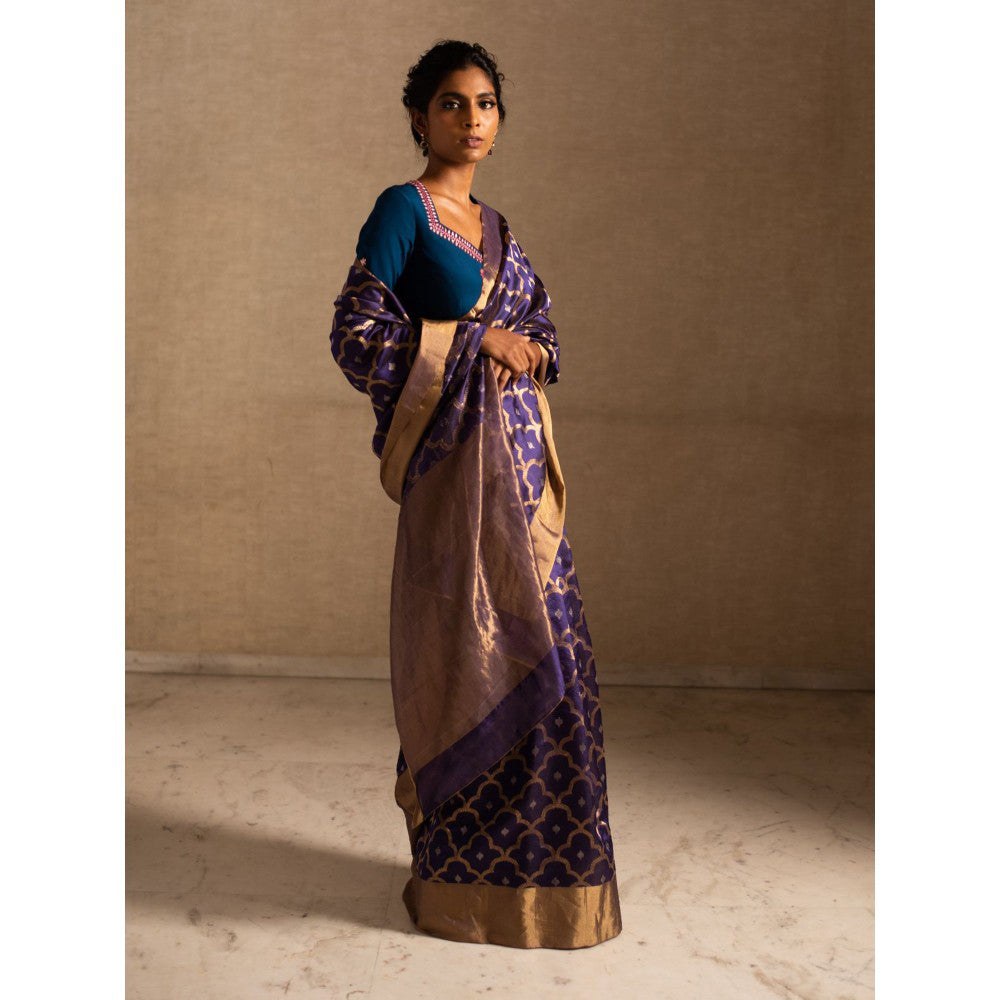 PRIYANKA RAAJIV Enya Purple Mughal Jaal Silk Chanderi Saree with Unstitched Blouse