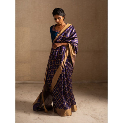 PRIYANKA RAAJIV Enya Purple Mughal Jaal Silk Chanderi Saree with Unstitched Blouse