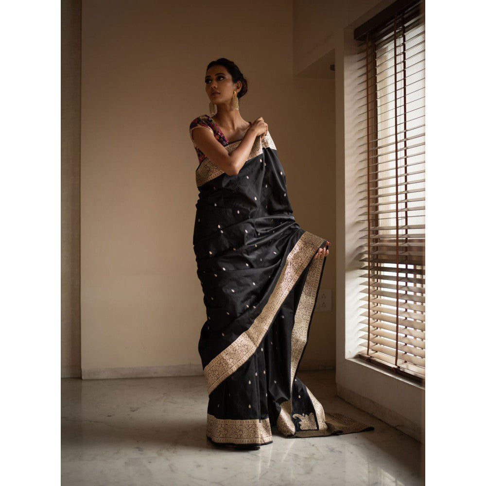 PRIYANKA RAAJIV Sree Black Silk Brocade Saree with Unstitched Blouse